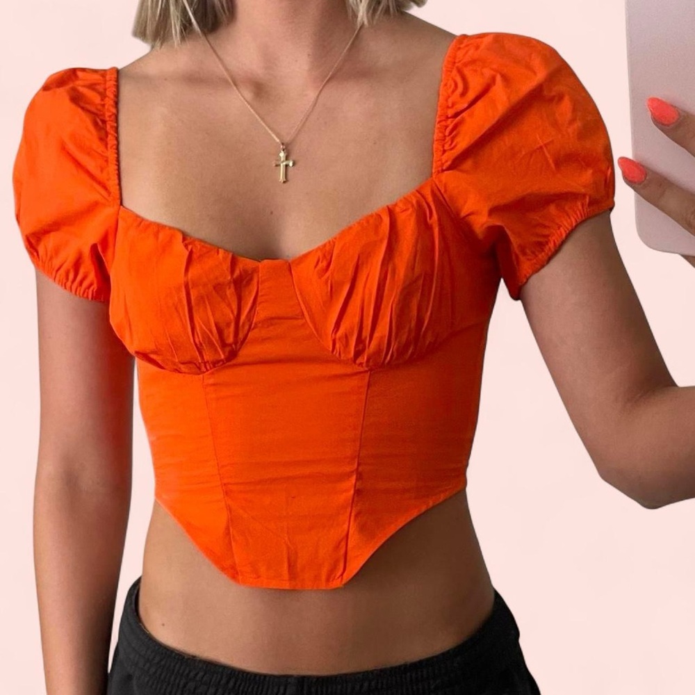 H&M Orange Corset Puff Sleeve Crop Top